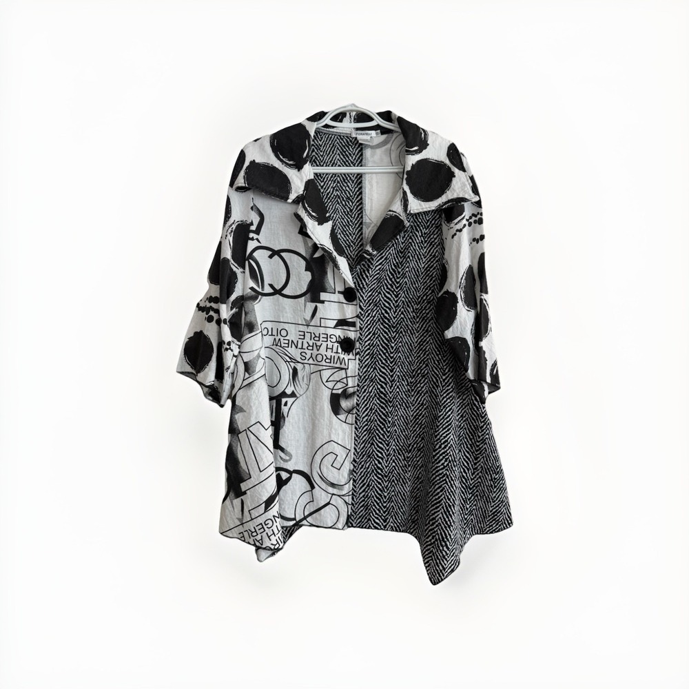 Feratelli L Cover Up Jacket Blouse Shirt Top Button Black White Boho Artsy  XL